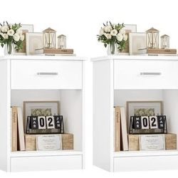 2 Modern White Nightstand w/ Drawer & Shelf – Bedside / End Table