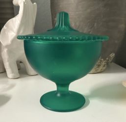 Green Glass Covered Dish w/ Lid, Pedestal Base, Beaded Rim, Round Solid