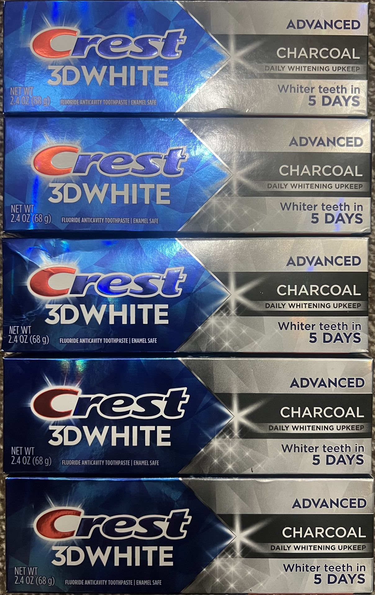 Set of (5) Crest 3D White Advanced Charcoal Whitening Toothpaste  Brighten your smile with Crest 3D White Advanced Charcoal Whitening Toothpaste. This