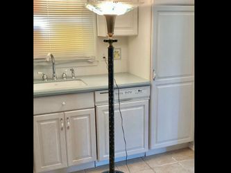 1940s Floor Lamp Asian Motif Torchiere Enamel Emerald Green Pole Glass Shade 3 Way Bulb WORKING