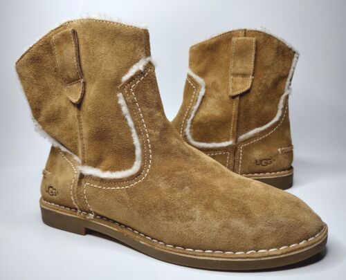 UGG W CATICA WOMEN'S SUEDE LEATHER TAN BROWN FAUX FUR ACCENTED ANKLE BOOTS SZ 8