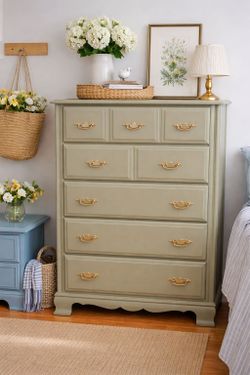 Refinished Sage Green Solid Wood Tall Dresser