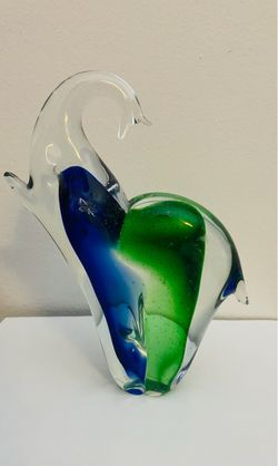 Murano-vintage glass art-lucky elephant trunk up-heavy-emerald green & cobalt blue