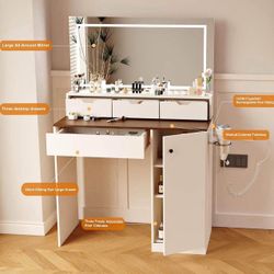 35.4" Dressing Table, Vanity Desk with 3 Lighting Modes Adjustable Brightness and Mirror, Makeup Vanities with Drawers and Storage. (Beige