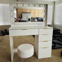 💡 Lighted Vanity Desk with Mirror + Storage Stool - Modern Glam Setup!