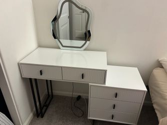 Vanity with Mirror + Pink Stool – Great Condition!