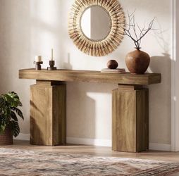 63-Inch Long Farmhouse Entryway Table Behind Couch, Wooden Foyer Stand Entry Station Natural Wood Finish