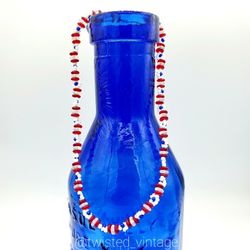 Handmade Beaded Choker Necklace Red White Cobalt Blue Nautical 4th of July USA