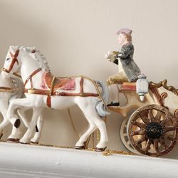 Vintage, Ceramic Couple, 4 Horses, Music Box Carriage, Horseman