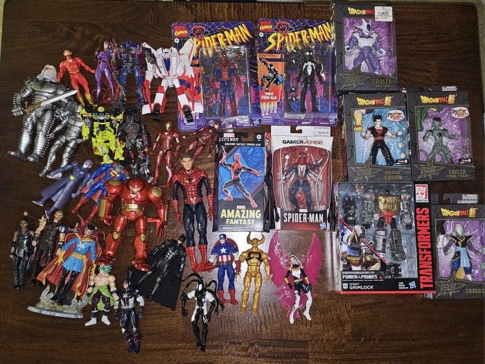 Assorted Action Figure Lot: Marvel Legends, Spiderman, Transformers, Dragonball Anime Lot
