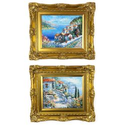 Vintage Ornate Pair of Signed Mediterranean Coastal Oil Paintings in Gilt Frames