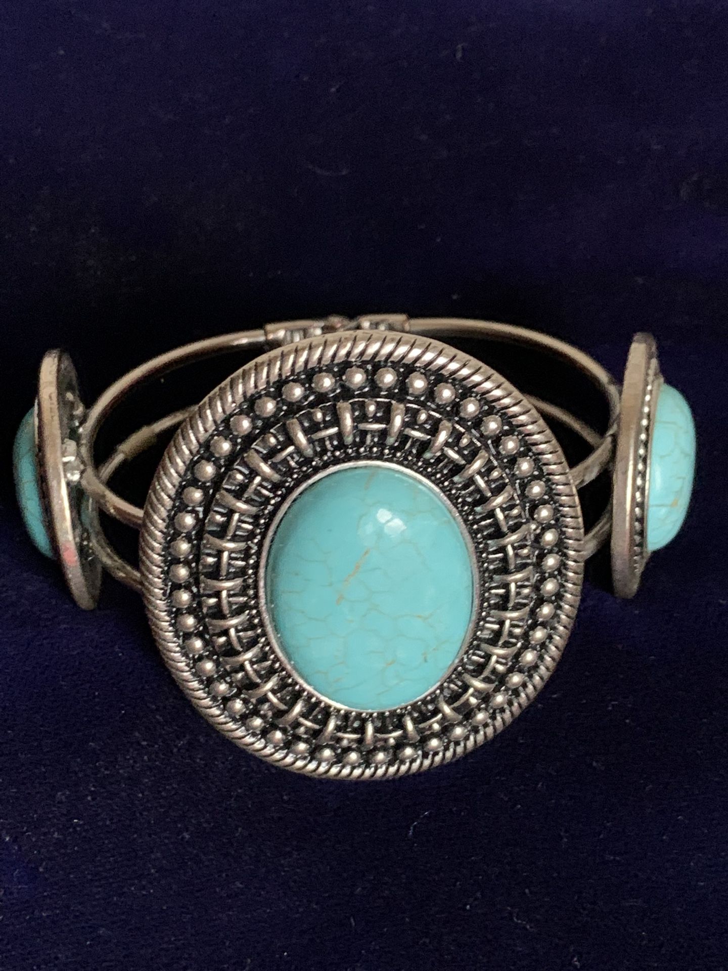 Large Ornate Silver Tone Faux Turquoise Hinged Cuff Bracelet - 7”