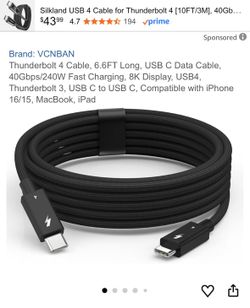 Thunderbolt 4 Cable, 6.6FT Long, USB C Data Cable, 40Gbps / Fast Charging