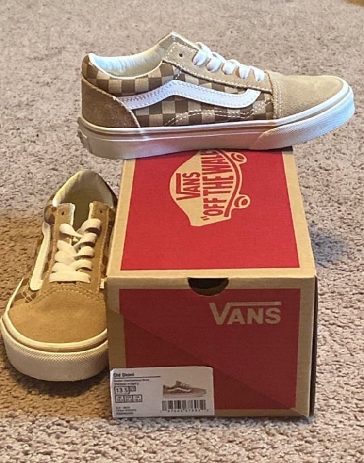 Tan & Brown Checker Board Kids Vans Size 13.5