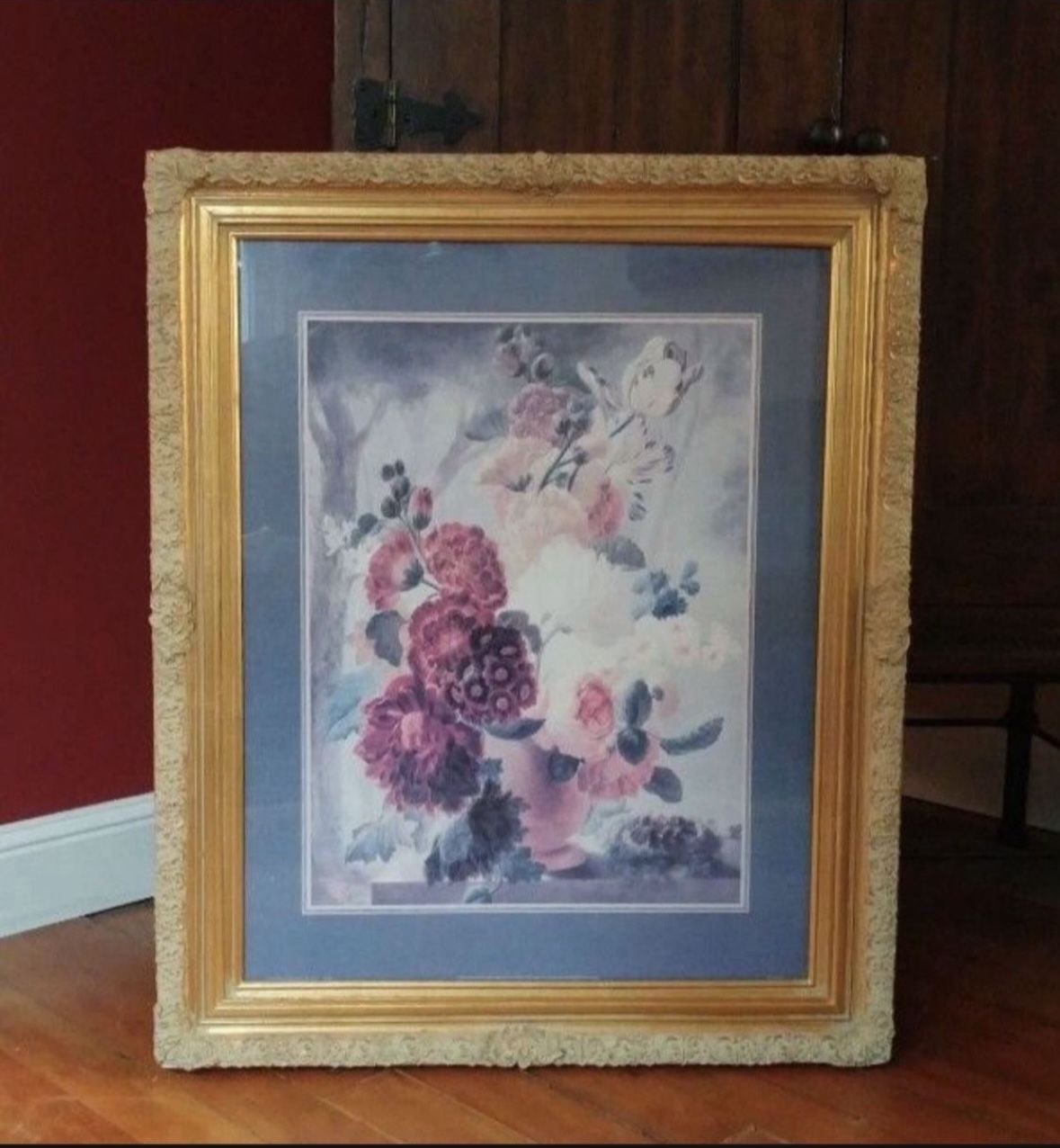 Large Vintage Gold Frame Floral Print Artwork Framed