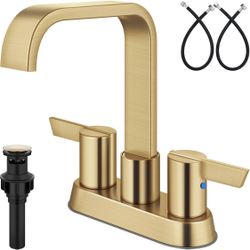 Bathroom Faucet 4 Inch Centerset 3 Hole,Double Handle Faucet for Bathroom Vanity with Supply Lines and Pop-Up Drain Brushed Gold 