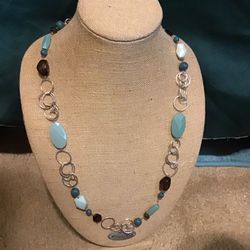 Ladies long fashion necklace silver light turquoise clear and aquamarine tone beads