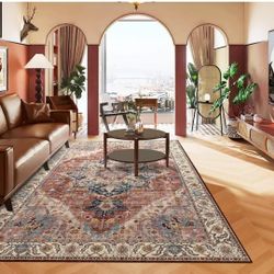 Boho Area Rug 6x9 Washable Large Vintage Rug for Living Room Bedroom Office Kitchen Entrance Dining Room Non Slip Soft Low-Pile Farmhouse, Brickred/Mu