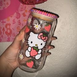 Pink hello kitty glass with rhinestone lid