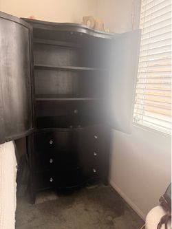 Elegant Black Wood Armoire with Crystal Knobs – Excellent Storage!