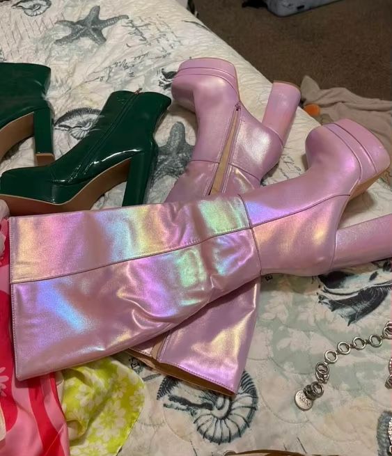 Pink Iridescent Block Heel Boots