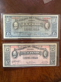 1914 El Estado de Chihuahua 1 & 5 Peso Banknotes