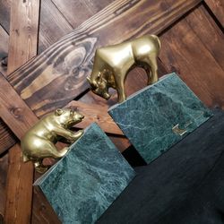 Vintage MCM Brass Bull and Bear Bookends On Green Marble Base