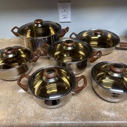 Vintage 1970s Stainless Steel Cookware Set w/ Smoked Amber Glass Lids Wood Look Handles Retro