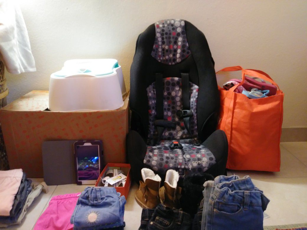 Girl clothes and car seat SOLD, potty shoes and toys left