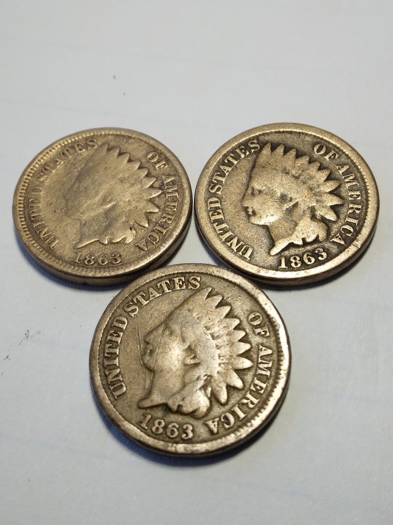 3 1863 Indian Head Cents AG To VG