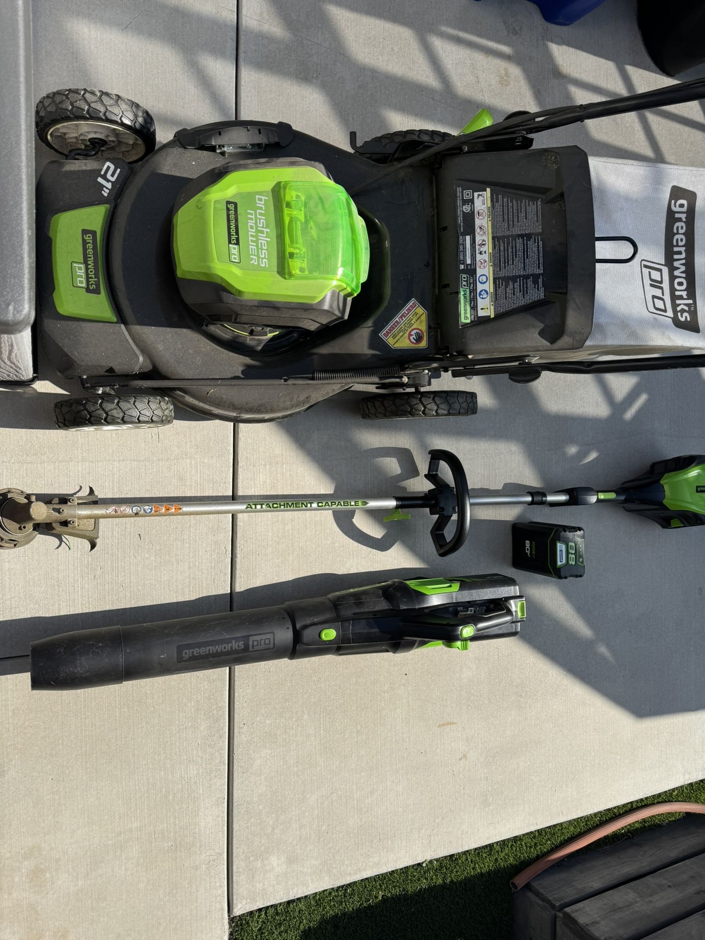 Green Works Lawn Mower, Blower, Trimmer
