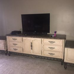 Long Dresser or TV Console Table set with 2 Side Tables