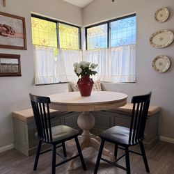 Breakfast Nook Set| Round Table| 2 Cottage black Chairs| Storage Bench L-shape
