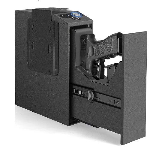 Biometric Slider Handgun Gun Safe for Nightstand, Desk, Bed Side,Truck - Auto Sliding Door Hand Gun Safe for Pistol -with Fingerprint, PIN Code, KEY A