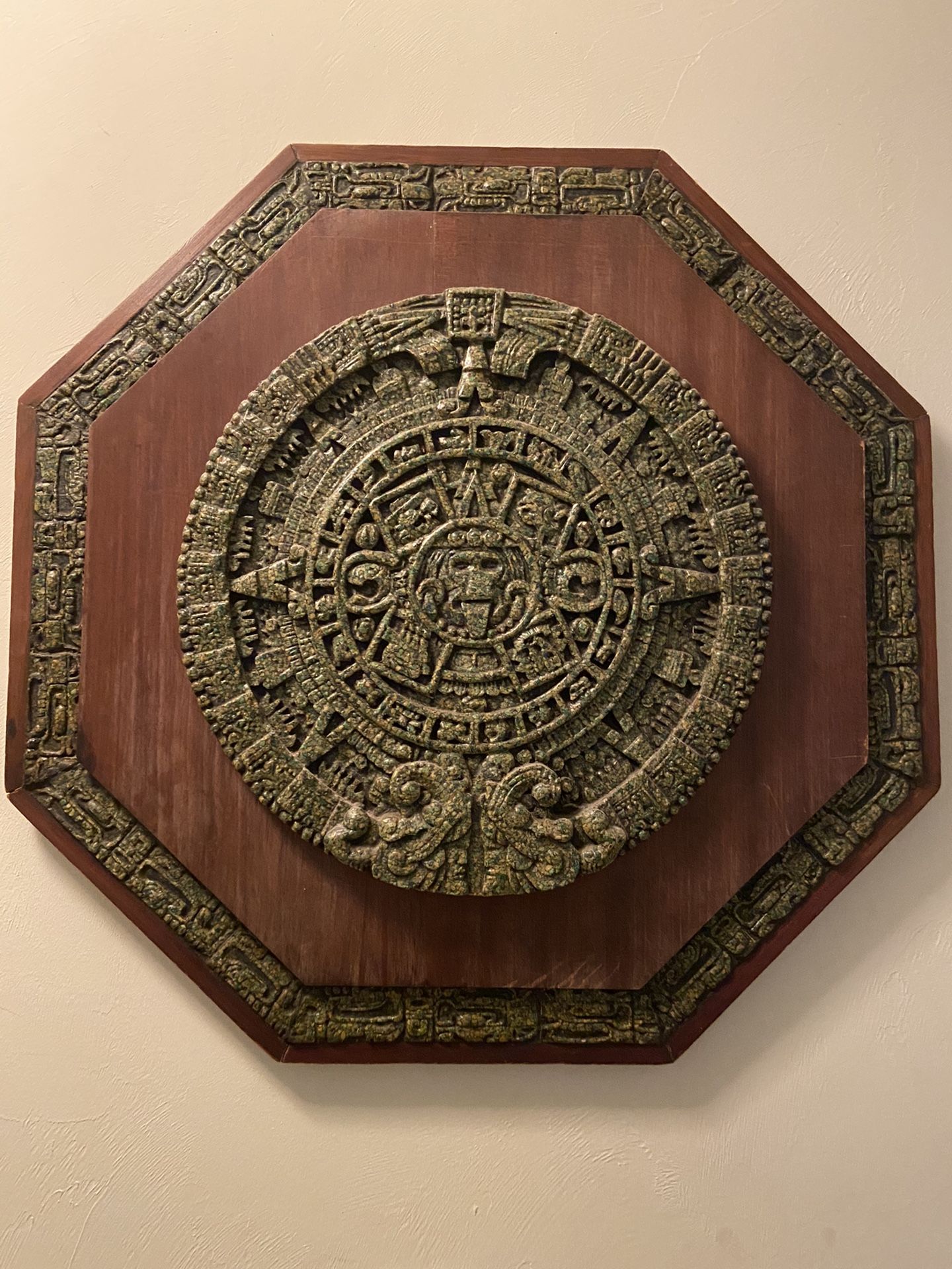 Handmade in Mexico Zarebski Wall Art Aztec Calendar Stone and Wood Plaque