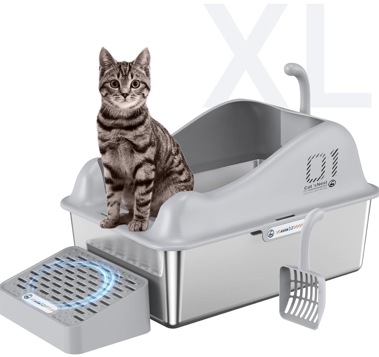 Stainless Steel Litter Box, XL Metal Litter Box with High Wall Sides, Stainless Steel Litter Box with Lid, Never Absorbs Odors, Non-Sticky, Anti-Urine
