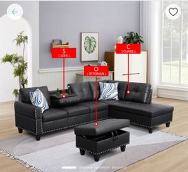 New Black Faux Synthetic leather sectional Couch Free Delivery 🛋️