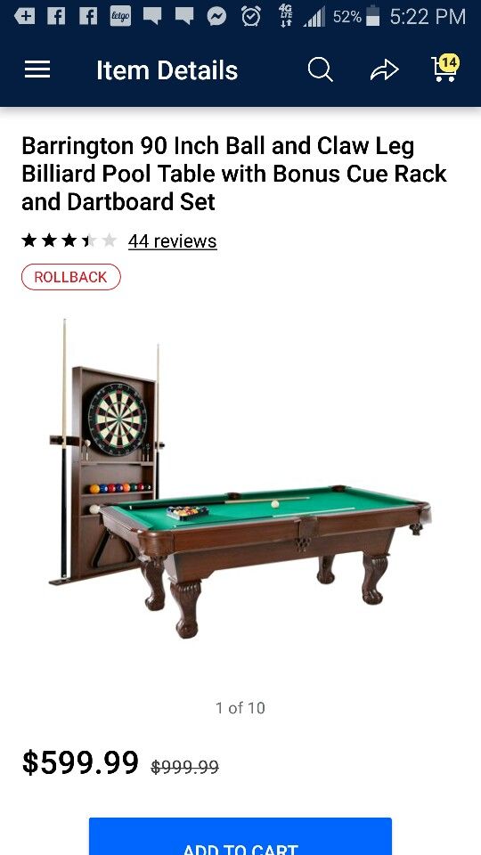 Brand new assembled pool table with dart board and cue rack