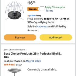 Brand New Pedestal Bird Bath and Solar Fountain 