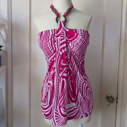 Plus Size Pink Barbie halter top Size 3XL Large with a beaded neck tie backless top pink and white