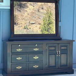 Heywood-Wakefield Mid-Century Solid Wood Dresser Sideboard with Large Mirror
