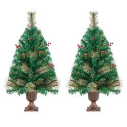 3ft Tabletop Christmas Tree with 50 Warm White LED Lights & Stable Golden Urn Base & 96 PVC Tips & 65 Red Berries Festive Portable Holiday Decoration 