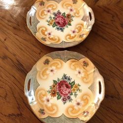 2 Rare Vintage Matching Bavaria Rose Plates With Handles