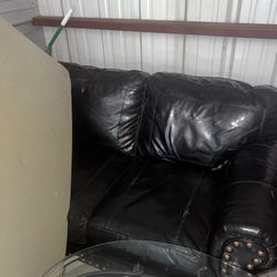 Black leather couch, Coffee And end tables