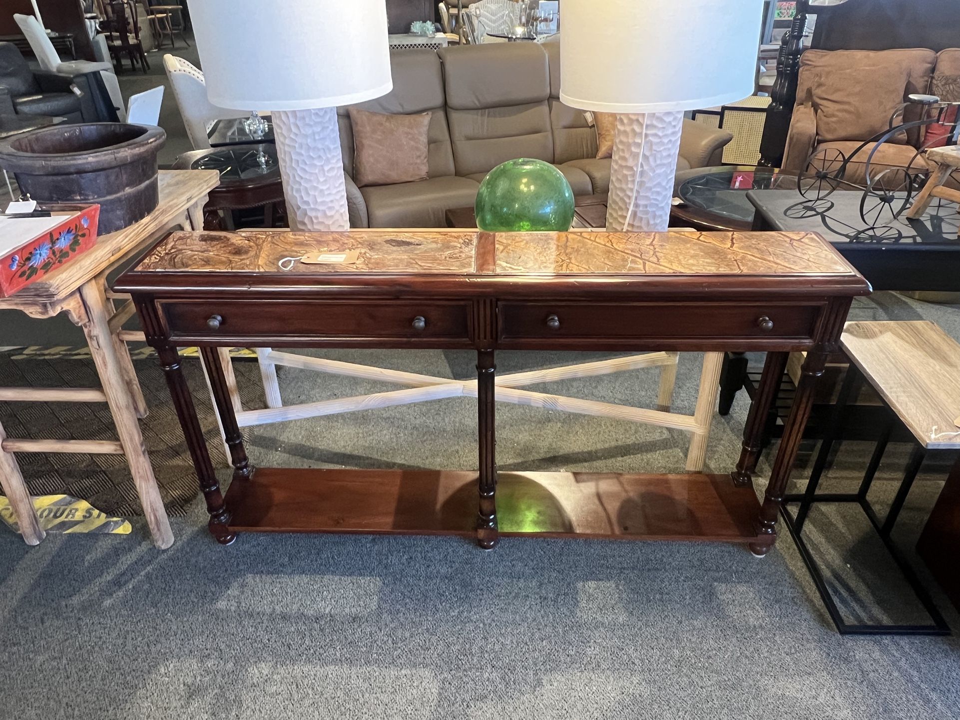 CONSOLE TABLE: Tuscany Style Console Table w/ 2 marble accents & lower shelve SKU 4YFD64