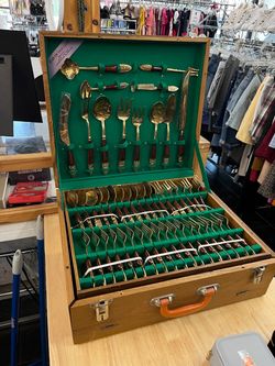 Vintage Star of Thailand Brass & Rosewood Flatware Set — 145 pieces in original 3-tier wooden storage case with brass latches and handle