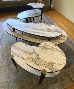 Vintage Atomic Mid-Century Modern Two-Tier Biomorphic Coffee Table 1950s, with two matching Three tier end tables 