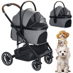 4-Wheeled Pet Stroller, Folding Cat and Dog Stroller with Brake, up to 58 lbs, Grey