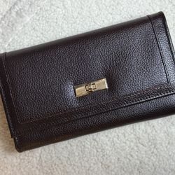 Dark Brown Genuine Leather Long Wallet Gold Tone Turn Lock Zipper Coin Pocket 