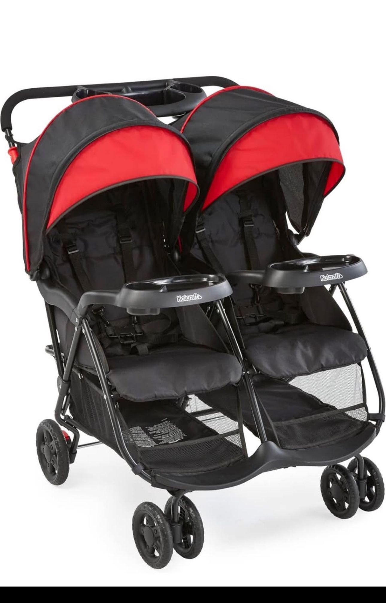 Kolcraft Cloud Plus Side-by-Side Lightweight Double Baby Stroller and Toddler Stroller with Reclining Seats, Child and Parent Trays, Large Storage, Ex